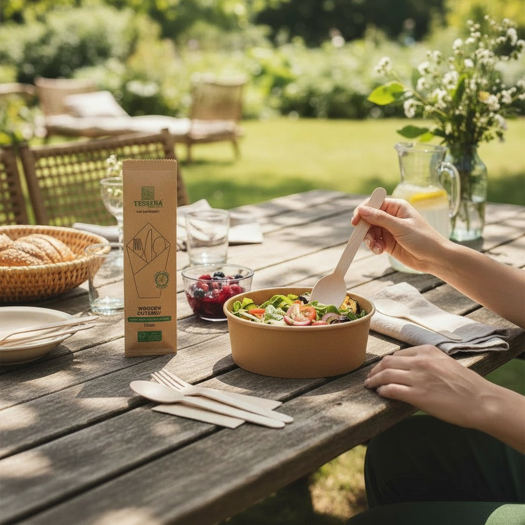 Food Packaging Direct Tessera 4-in-1 wooden cutlery set with napkin, displayed on an outdoor dining table.